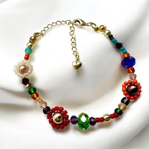 Fall Flower Bracelet/Adjustable Daisy chain bracelet/Colorful beaded bracelet/Handmade Jewelry/Handmade Whimsical beaded bracelet.