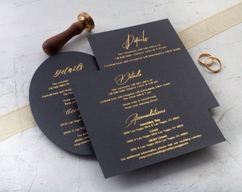 Gold & silver foil details cards: wedding info, enclosure and invitation inserts.