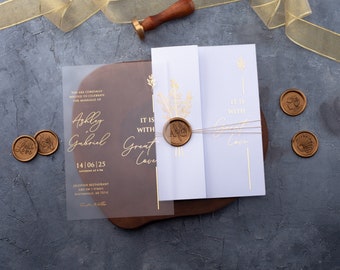 White & Gold Foil Acrylic Wedding Invites - Custom Wax Seal, Folded Envelope