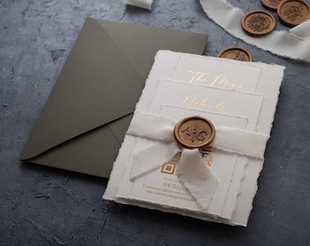 Chic black and gold wedding set: deckled edge invitation, foil print, bow & wax seal
