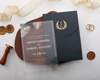 Tropical palm leaves acrylic wedding invitation set, greenery theme with elegant gold accents