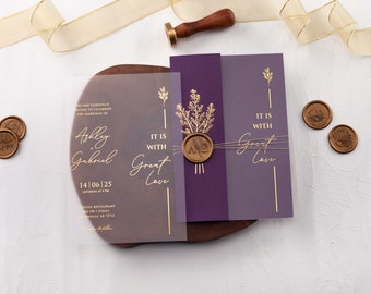 Purple & Gold Foil Acrylic Wedding Invitations with Custom Wax Seal in Folded Envelope