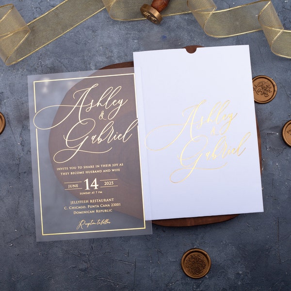 Custom Elegant Gold Foil Printed Acrylic Wedding Invitation in White and Gold