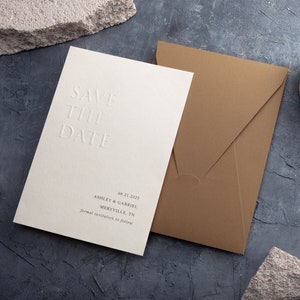 Save the Date: Embossed & Letterpress Card with Minimalist Design, Embossing on Ecru Envelope