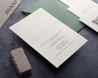 Embossed wedding invitations, letterpress design, minimalist style, custom card, and sage green envelope