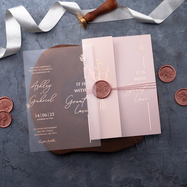 Rose Gold Foil Printed Acrylic Wedding Invitations with Custom Wax Seal, Folded Envelope