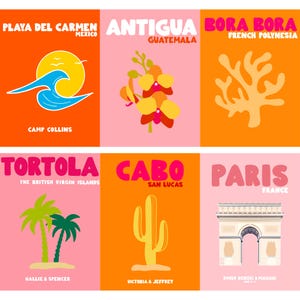 May include: A set of six rectangular travel posters with orange and pink backgrounds. The posters feature illustrations of Playa Del Carmen, Antigua, Bora Bora, Tortola, Cabo San Lucas, and Paris, each with location names and custom text.
