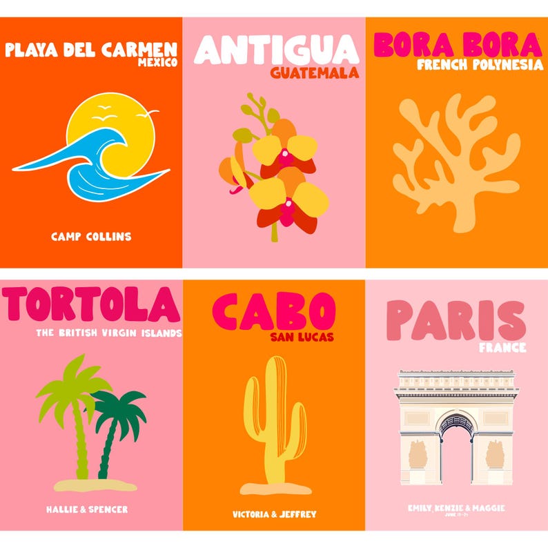 May include: A set of six rectangular travel posters with orange and pink backgrounds. The posters feature illustrations of Playa Del Carmen, Antigua, Bora Bora, Tortola, Cabo San Lucas, and Paris, each with location names and custom text.