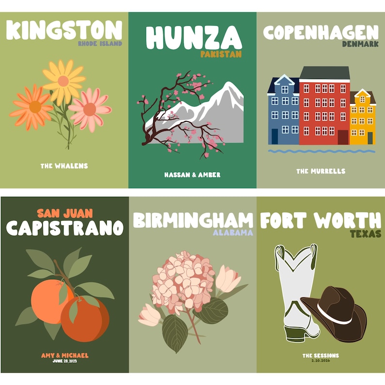 May include: A set of six rectangular posters featuring various locations and illustrations. Designs include flowers, mountains, city buildings, oranges, hydrangeas, and a cowboy boot with a hat. Each poster displays a city name, state or country, and names.