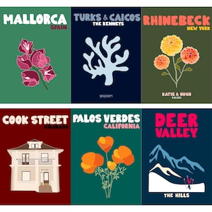 May include: A set of six rectangular travel-themed posters featuring illustrations of Mallorca with bougainvillea, Turks & Caicos with coral, Rhinebeck with flowers, a house in Cook Street, Palos Verdes with poppies, and Deer Valley mountains.