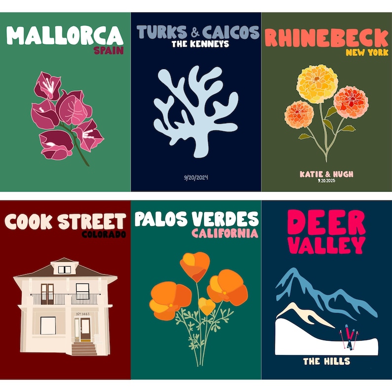 May include: A set of six rectangular travel-themed posters featuring illustrations of Mallorca with bougainvillea, Turks & Caicos with coral, Rhinebeck with flowers, a house in Cook Street, Palos Verdes with poppies, and Deer Valley mountains.