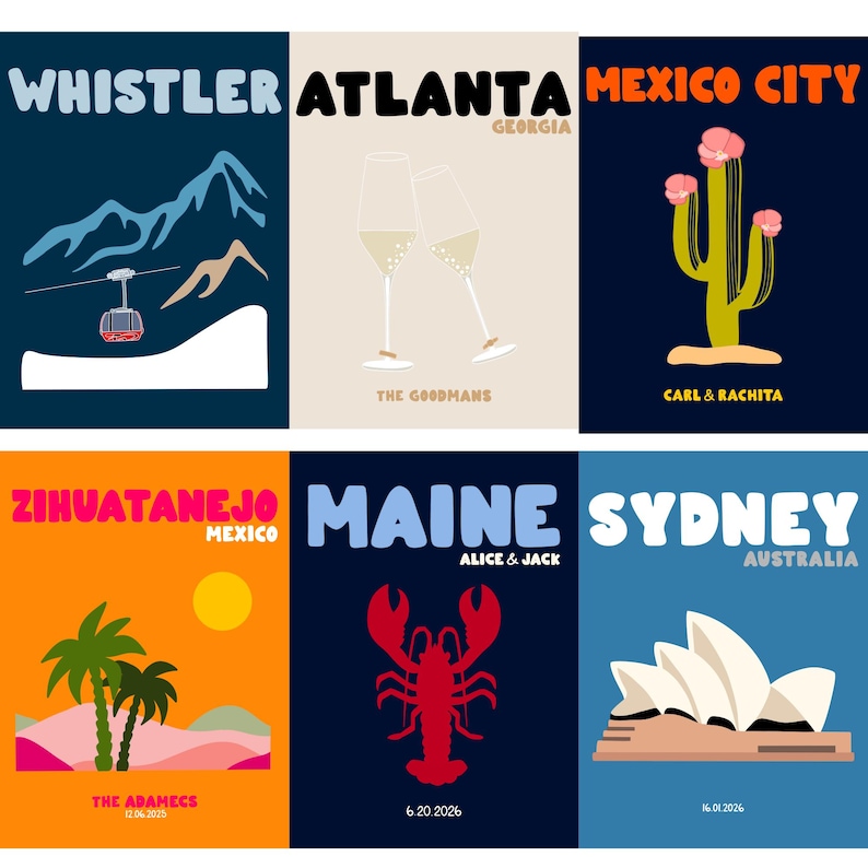 May include: A collection of six rectangular travel posters featuring Whistler with a cable car, Atlanta with champagne flutes, Mexico City with a cactus, Zihuatanejo with palm trees, Maine with a red lobster, and Sydney with the Opera House.