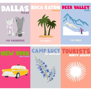 May include: A set of six rectangular prints featuring various locations and icons: Dallas with cowboy boots, Boca Raton with palm trees, Deer Valley with mountains and skis, New York with a yellow taxi, Camp Lucy with blue flowers, and North Adams with a sun.