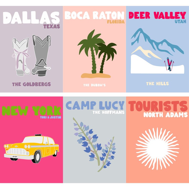 May include: A set of six rectangular prints featuring various locations and icons: Dallas with cowboy boots, Boca Raton with palm trees, Deer Valley with mountains and skis, New York with a yellow taxi, Camp Lucy with blue flowers, and North Adams with a sun.