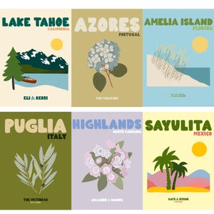May include: A set of six rectangular travel-themed posters featuring illustrations of Lake Tahoe, Azores, Amelia Island, Puglia, Highlands, and Sayulita. Each print displays location names, dates, names, and natural elements like mountains, flowers, and palm trees.