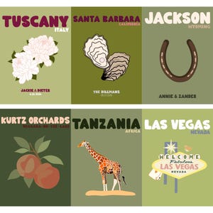 May include: A set of six rectangular posters featuring illustrations of Tuscany with peonies, Santa Barbara with oysters, Jackson with a horseshoe, Kurtz Orchards with peaches, Tanzania with a giraffe, and the Welcome to Fabulous Las Vegas sign.