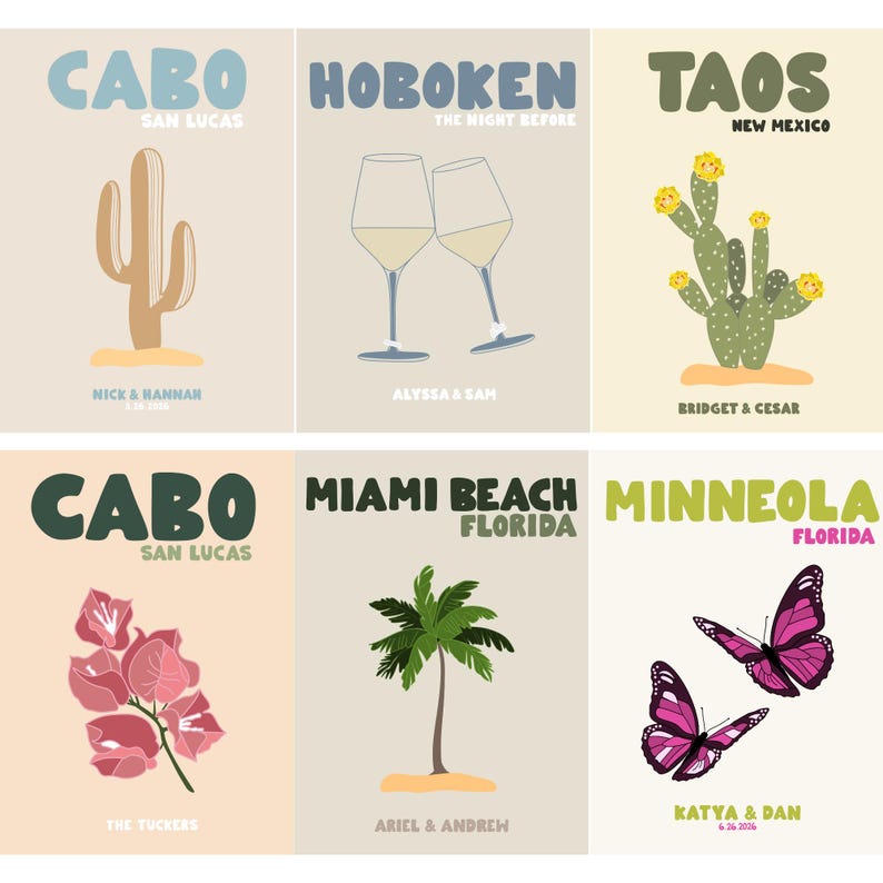 May include: Six rectangular posters featuring travel-themed illustrations and text. Designs include a cactus in Cabo, wine glasses in Hoboken, a flowering cactus in Taos, bougainvillea in Cabo, a palm tree in Miami Beach, and butterflies in Minneola.