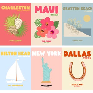 May include: Six rectangular posters featuring travel destinations. Charleston with oysters, Maui with hibiscus flowers, Grayton Beach with dunes, Hilton Head with a sailboat, New York with the Statue of Liberty, and Dallas with a horseshoe, all including custom text.
