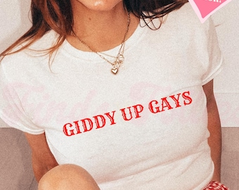 Giddy Up Gays Baby Tee, Queer Cowboy Bachelorette Crop Top, Western LGBTQ Pride Shirt