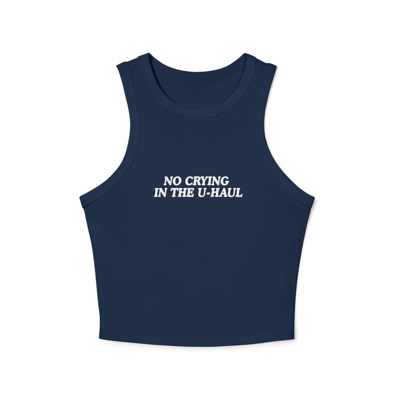 No Crying in the Uhaul Tank Top, Custom Font Color Lesbian Racer Tank, Funny Sapphic Shirt, Queer Pride Top, Y2K Fitted Tank