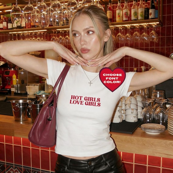 Hot Girls Love Girls Baby Tee, Y2K Lesbian Feminist Crop Top, Sapphic WLW Graphic Shirt, Queer Pride Fitted Tee, Custom Font Color Gay Shirt