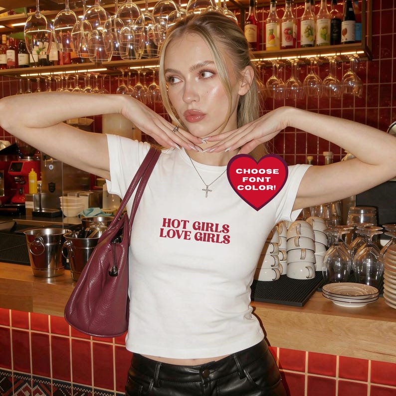 Hot Girls Love Girls Baby Tee, Y2K Lesbian Feminist Crop Top, Sapphic WLW Graphic Shirt, Queer Pride Fitted Tee, Custom Font Color Gay Shirt
