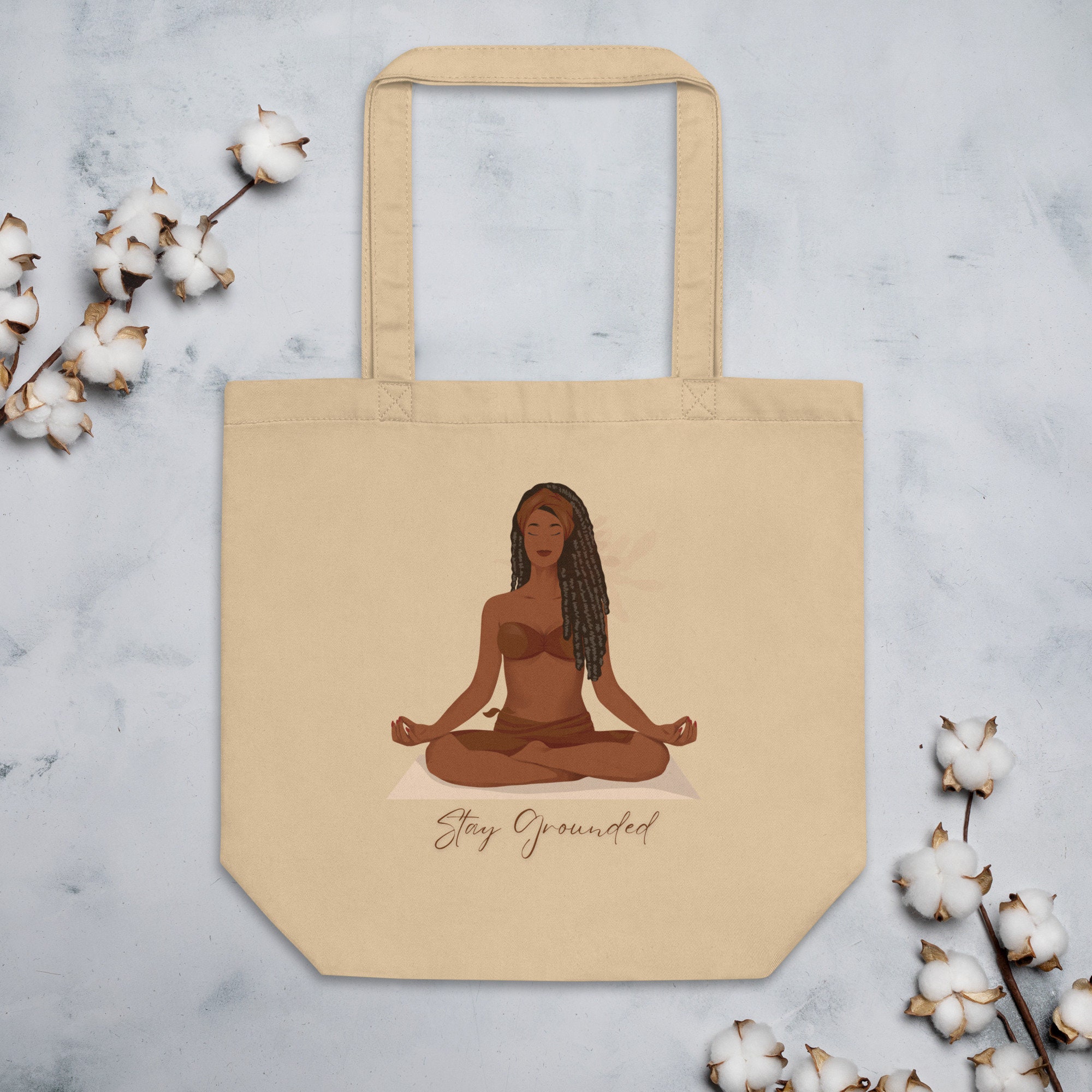 Stay Grounded Yoga Organic Cotton Tote Bag, Meditating Black Girl Gift