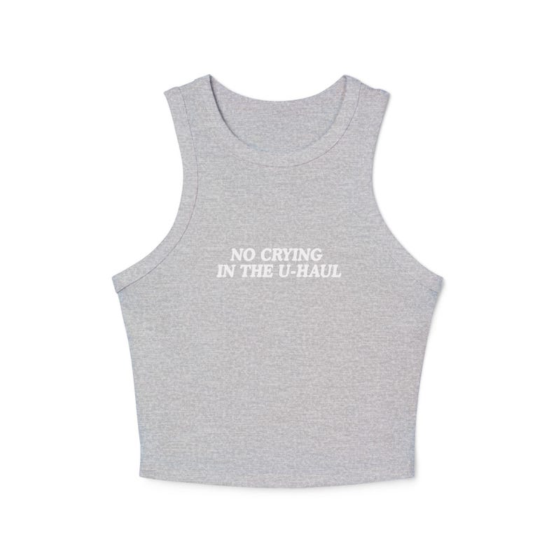 No Crying in the Uhaul Tank Top, Custom Font Color Lesbian Racer Tank, Funny Sapphic Shirt, Queer Pride Top, Y2K Fitted Tank