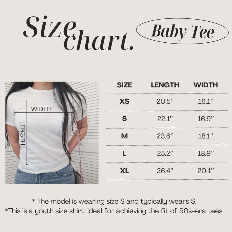 May include: White baby tee size chart with measurements in inches. The chart includes sizes XS to XL, with lengths from 20.5" to 26.4" and widths from 16.1" to 20.1". The text "Baby Tee" is also present.