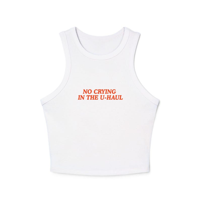 No Crying in the Uhaul Tank Top, Custom Font Color Lesbian Racer Tank, Funny Sapphic Shirt, Queer Pride Top, Y2K Fitted Tank