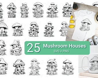 Puede incluir: Un conjunto de 25 ilustraciones en blanco y negro de casas de setas. Las ilustraciones son de estilo de dibujos animados y presentan varios diseños de casas de setas con puertas, ventanas y otros detalles. El texto "25 Mushroom Houses SVG + PNG" está en la parte inferior de la imagen.