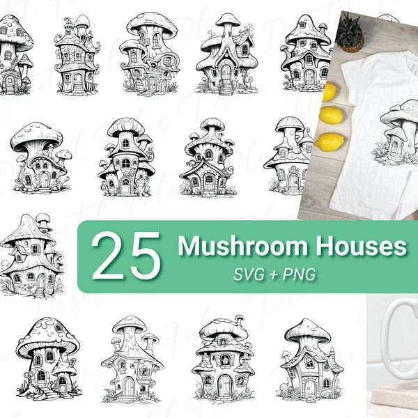 25 Mushroom Houses SVG Bundle, Fairy House SVG, Magic House PNG Transparent Background, Fantasy Tree Houses, Instant Download