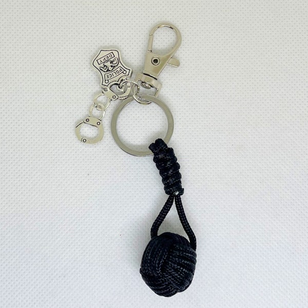Black Monkey Fist Paracord Keychain, Back the Blue, Badge Handcuff Charms, Free Shipping, Policewoman, Police Wife, First Responder