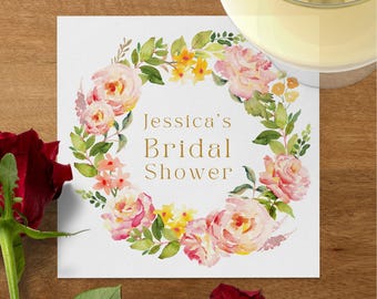 Floral Bridal Shower Napkin: Personalized Watercolor Roses