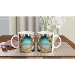 Tazza in ceramica bianca da 11 once - Scena di spiaggia Conchiglie
