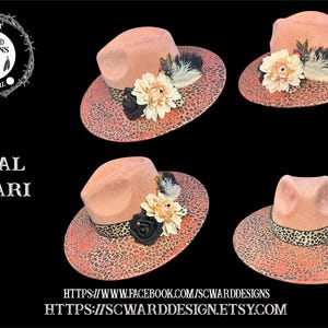 Vegan Suede Rancher Style Wide Brim Cowboy Cowgirl Hat Coral Cheetah Safari Hat