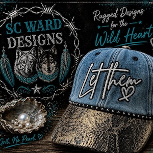 May include: A denim baseball cap with the embroidered text Let Them and a heart symbol, featuring a metallic studded band and a snakeskin-patterned brim. Beside it, an oyster shell holds several white pearls against a dark graphic background.