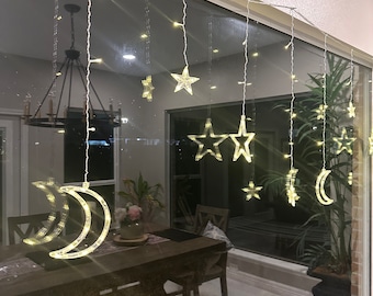 Moon and Star Curtain Fairy Lights, Warm White