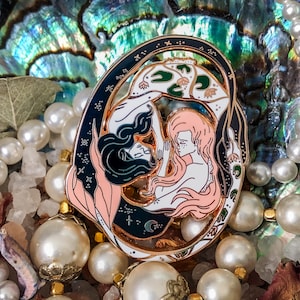 Ethereal Mermaids Hard Enamel Pin | Rose Gold Art Nouveau Mermaid Brooch | Yin Yang Gemini Pisces Accessory
