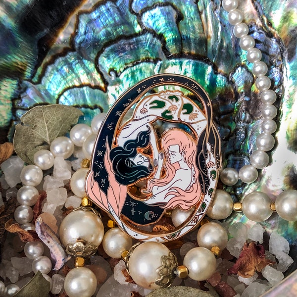 ETHEREAL MERMAIDS. Hard Enamel pin. Rose Gold finish. Mermaid pin. Art Nouveau accessories. Mermaid core. Yin yang. Gemini. Pisces. Brooch.