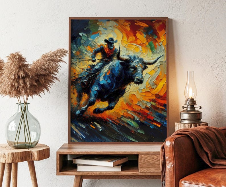 Western Cowboy Wall Art Print, Abstract Rodeo Bull Painting, Colorful ...