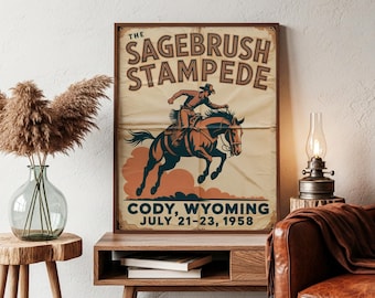 Western Wall Art, Vintage Cody Wyoming Rodeo Poster, Cowboy Horse Print