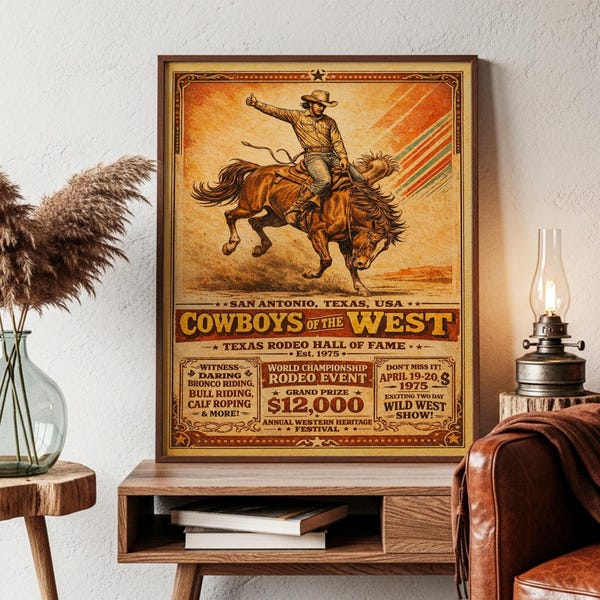 Vintage Texas Rodeo Poster, San Antonio Cowboys 1975 Western Art Print