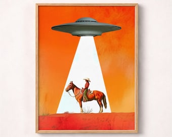 UFO Abduction Cowgirl Poster, Retro Sci-Fi Western Wall Art Print