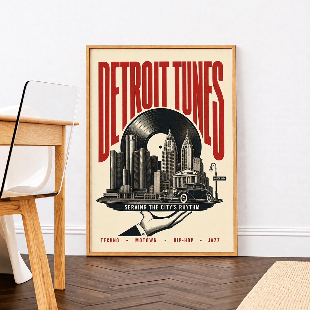 Detroit Music Poster, Vintage Vinyl Skyline Art Print, Detroit Tunes ...