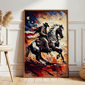 Patriotic Cowboy Art Print: American Flag Western Decor, Rustic Textured Wall Art