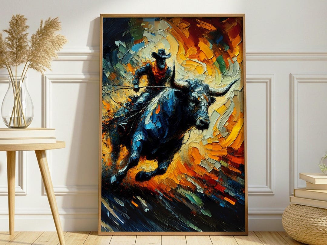 Western Cowboy Wall Art Print, Abstract Rodeo Bull Painting, Colorful ...