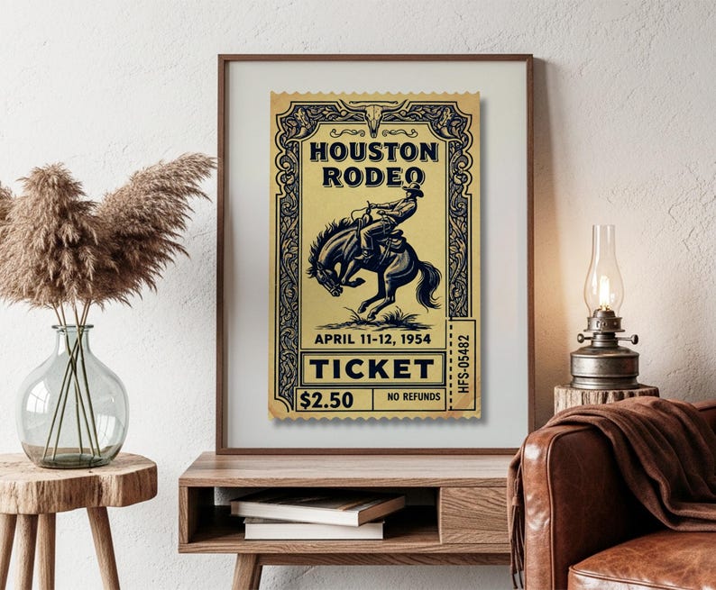 Vintage Houston Rodeo Ticket Poster, Western Cowboy Ticket Print ...