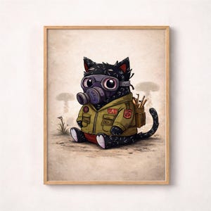 May include: A framed print featuring a cartoon cat wearing a gas mask and a green jacket. The black cat has large eyes and is sitting on the ground with a backpack. The background shows a mushroom cloud and a desolate landscape.