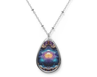 May include: A silver chain necklace with a teardrop-shaped pendant featuring a colourful abstract design with shades of purple, blue, and gold.